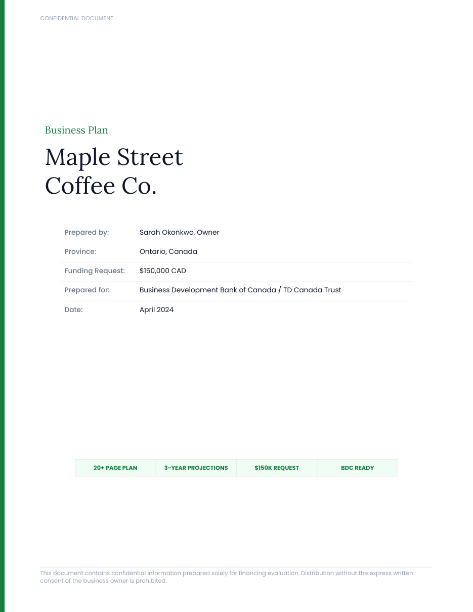 Sample plan cover page for Maple Street Coffee Co.