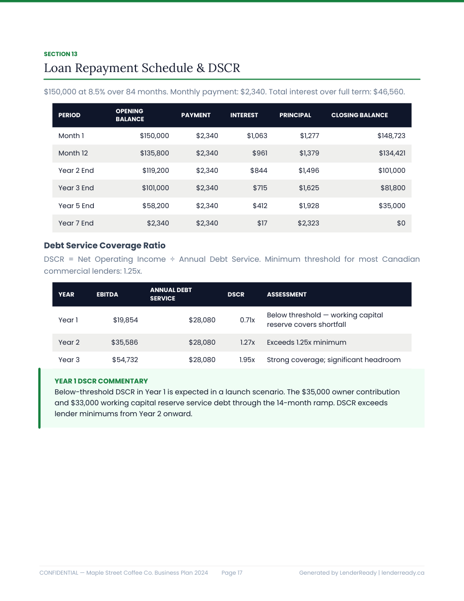 Sample plan loan and repayment analysis page